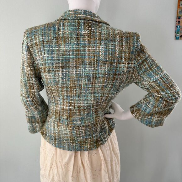 Vintage Y2k Dressbarn Blue and Brown Tweed Cropped Blazer Suit Jacket size Small - Picture 2 of 7